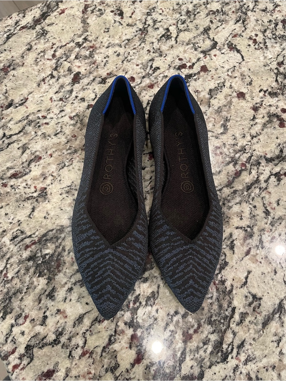 Rothy's Black Flats with Blue Chevron Knit and Blue Trim